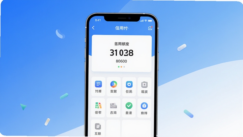 信用付软件主界面预览图,展示首页额度显示区域与功能图标布局,背景采用干净的蓝白渐变色调,整体风格现代简约,居中构图,突出手机屏幕中的信用付App界面细节