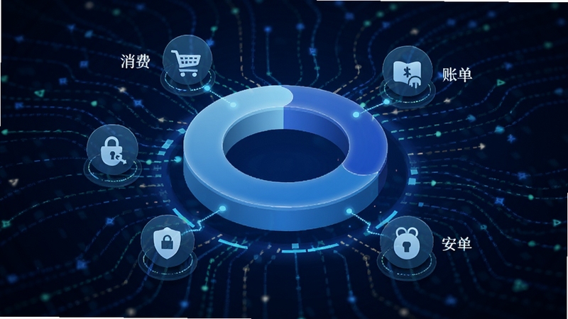信用付智能评估功能概念图,画面中央是一个立体的信用评分圆环,四周环绕着消费、账单、安全等小图标,背景为科技感十足的深蓝色数据流动线条,整体风格抽象且专业,突出智能与数据分析主题
