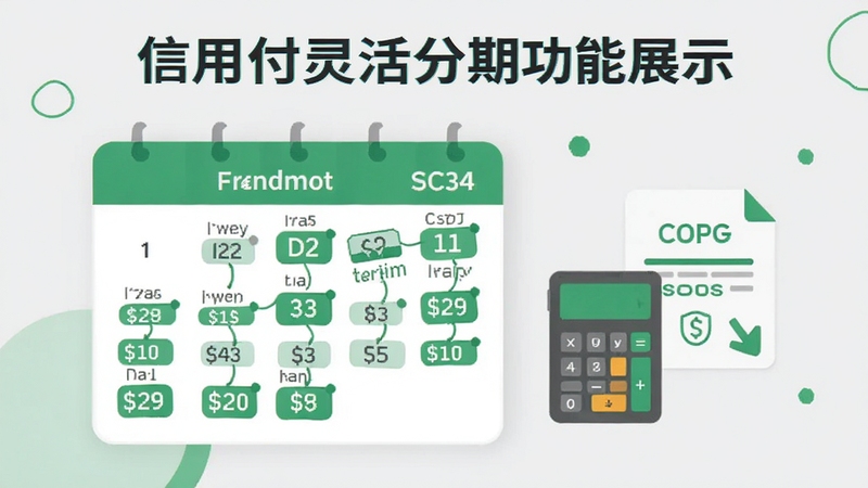信用付灵活分期功能展示图,图中以日历形式标注每期还款日期与金额,旁边有计算器与合约图标,背景采用浅灰色搭配绿色点缀,风格扁平清晰,重点突出分期计划的直观与便捷
