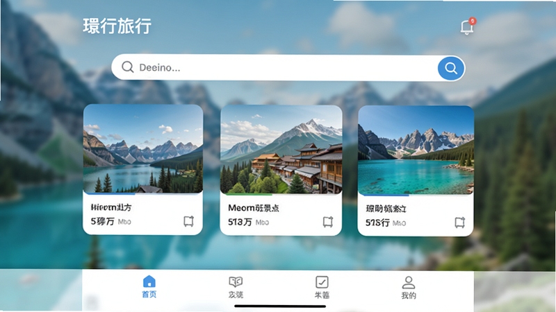 行旅行主界面预览图,展示了首页推荐景点卡片、搜索栏和底部导航栏,背景是模糊的风景照片,整体色调清新明亮,界面设计简洁现代,突出软件品牌名称行旅行