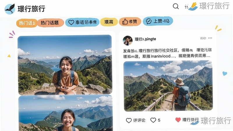 行旅行旅行社交社区页面,显示用户发布的旅行照片和文字动态,有评论和点赞按钮,顶部有热门话题标签,整体风格活泼,包含行旅行水印