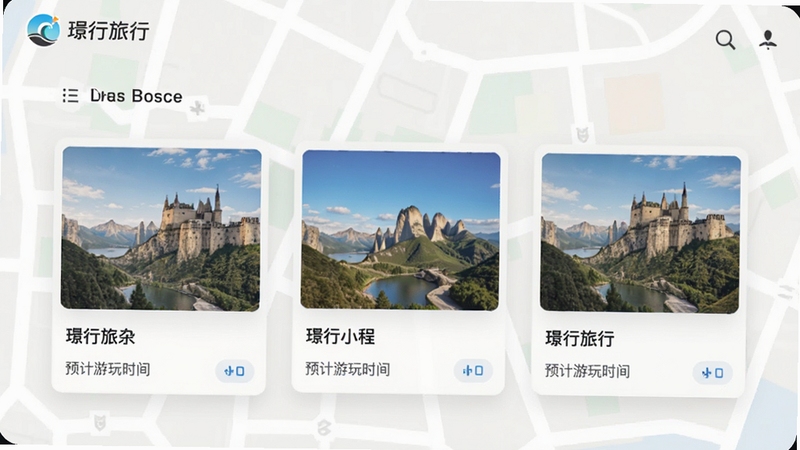 行旅行行程规划功能界面,显示一份包含多个景点卡片的三日游行程,卡片上有景点图片、名称和预计游玩时间,界面左上角有行旅行logo,背景为淡色地图网格