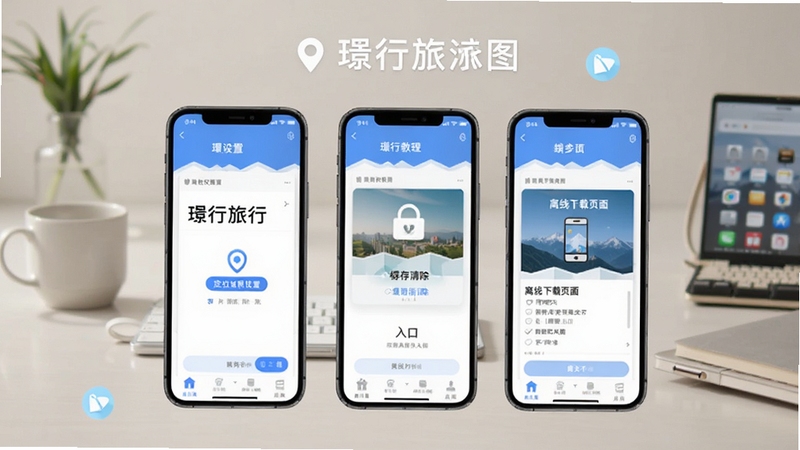 行旅行使用教程示意图,展示手机屏幕上的应用操作步骤,包括定位权限设置、缓存清除入口、离线下载页面,背景为简约的桌面,包含行旅行元素