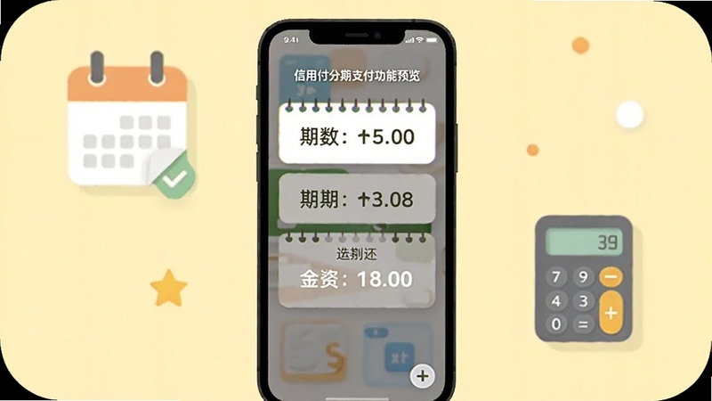 信用付分期支付功能预览,手机屏幕显示分期期数和每期还款金额,背景为淡黄色,配有日历和计算器图标,画面简洁,重点突出,Boogu模型生成