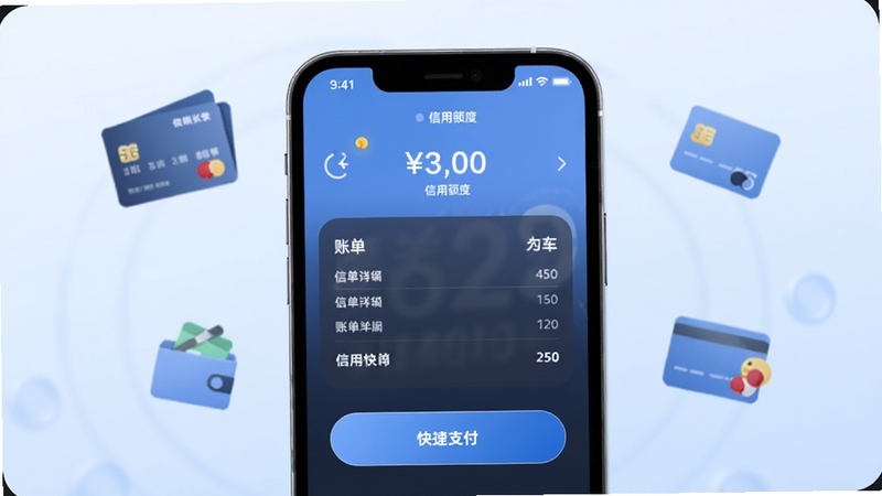 信用付软件主界面展示,手机屏幕内显示信用额度、账单明细、快捷支付按钮,背景为简洁的浅蓝色渐变,配有信用卡和支付图标,画面居中,光线柔和,风格现代科技感,Boogu模型生成