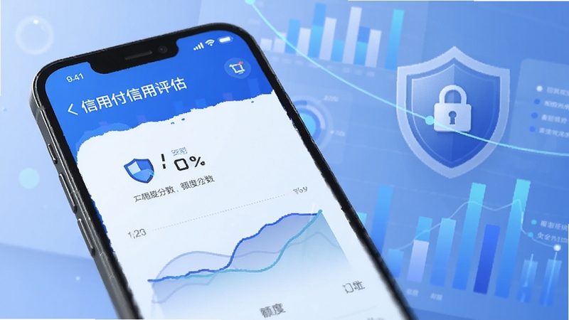 信用付智能信用评估界面,手机屏幕展示信用分数和额度变化曲线,背景有数据图表和盾牌图标,整体色调为蓝色系,画面清晰明亮,突出安全可靠感,Boogu模型生成