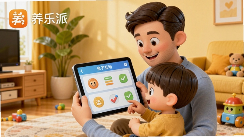养乐派App主界面预览图,画面中央是卡通父母与孩子一起用平板电脑完成任务的温馨场景,背景是明亮的客厅,有绿植和玩具,整体色调暖黄,采用3D渲染风格,细节丰富,包含养乐派Logo和“亲子互动”字样