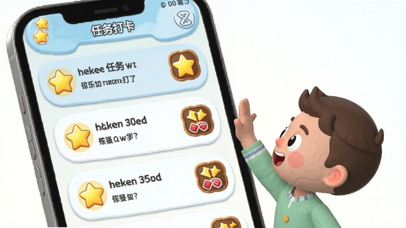 养乐派任务打卡界面截图风格,画面展示手机屏幕内卡通化任务列表,每个任务旁有星星和奖励图标,背景为淡蓝色,父子击掌庆祝,3D卡通渲染,明亮温馨