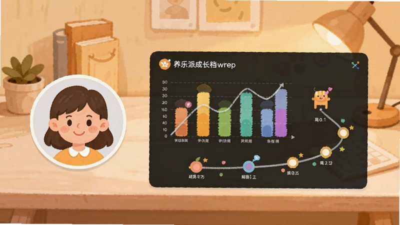 养乐派成长档案图表界面,画面左侧是家长头像,右侧是显示孩子一周表现数据的彩色柱状图和成长足迹时间线,背景是简约书桌,暖色调,扁平化设计风格,包含养乐派界面元素