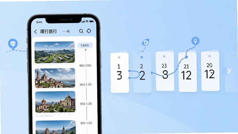 行旅行智能行程规划功能界面截图风格示意图,画面以手机APP界面为主体,左侧显示景点列表和时间轴,右侧为可拖拽的日期卡片,背景使用淡蓝色渐变,配以简约的路线连接线图标,整体风格扁平化设计,色彩清新,突出智能、便捷、个性化的行程安排体验