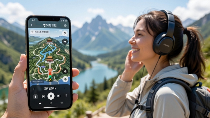 行旅行实时景点导览功能使用场景图,前景为手机屏幕显示景区地图与语音播放控制条,背景是虚化的自然山水实景,一位旅行者正佩戴耳机驻足聆听,画面色彩真实自然,光线明亮,传达出沉浸式导览体验与户外探索的愉悦感,构图以手机为视觉焦点,突出AR导航与语音讲解特色