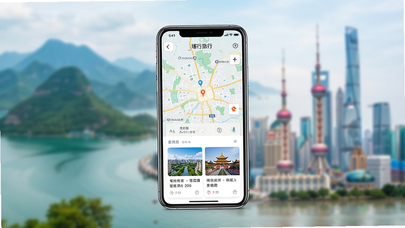 一幅展示行旅行APP核心功能的宽幅预览图,画面中央是一部亮屏的智能手机,屏幕界面清晰显示城市地图与景点推荐卡片,背景为模糊处理的山水风景与城市地标融合画面,整体色调清新明快,光线柔和自然,突显智慧出行与便捷规划的主题,图片风格现代简洁,适合软件下载站首图展示