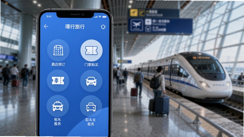 行旅行出行服务整合功能示意图,画面采用手机APP界面与实景结合的方式,手机屏幕内显示酒店预订、门票购买、租车服务等圆形图标,背景为机场或高铁站的模糊动态场景,整体色调以蓝色为主,搭配简洁的线条和图标,传达出高效、可靠、一站式服务的品质感