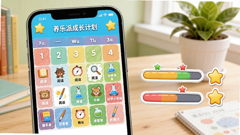养乐派成长计划定制功能示意图,展示手机界面中一个色彩斑斓的周计划日历,上面分布着不同图标代表阅读、绘画、科学小实验等任务,旁边有卡通风格的进度条和奖励星星,背景是书桌和绿植,画面明快清晰