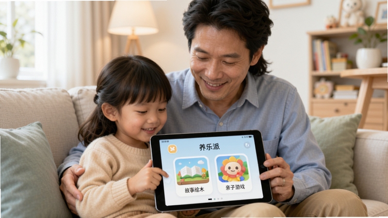 养乐派App主界面预览图,画面中央是父母与孩子共同使用平板电脑的温馨场景,界面清晰展示出互动学习、故事绘本和亲子游戏等核心功能模块,背景为明亮舒适的家庭客厅,色彩柔和,突出亲子互动与教育科技融合的氛围
