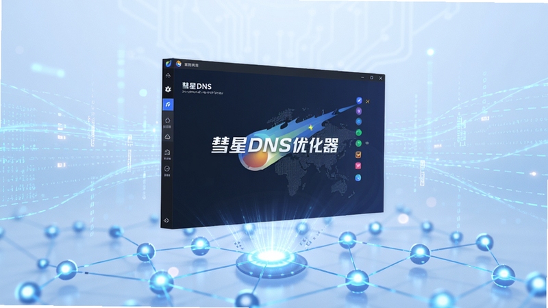 一张高清产品主视觉图,画面中央是彗星DNS优化器软件界面悬浮于抽象网络节点之上,背景为淡蓝色科技感光效与数据流动线条,整体风格简洁明亮,突出软件名称彗星DNS优化器,适合下载站头图展示