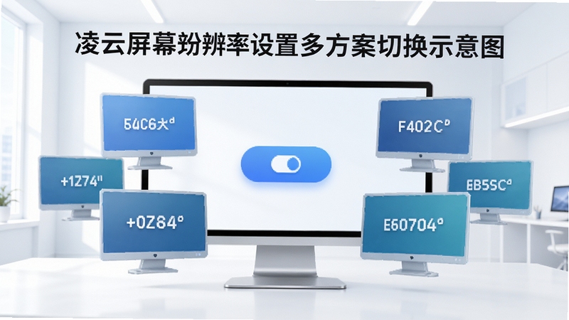 凌云屏幕分辨率设置多方案切换示意图,屏幕前有多个虚拟显示器图标,每个图标标注不同分辨率,中间有切换按钮,背景为明亮简约风格,突出快捷切换的便利性