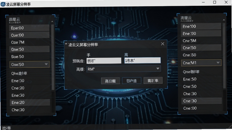 凌云屏幕分辨率设置自定义分辨率输入界面,显示手动填写宽度和高度的对话框,周围有预设分辨率列表,背景为深色科技感风格,突出软件的专业性