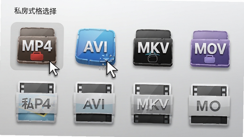 展示私房视频格式转换软件格式选择界面,界面列出MP4、AVI、MKV、MOV等常见格式图标,背景为浅灰渐变,图标立体感强,鼠标指针悬停在MP4选项上,整体画面简洁明快,强调格式多样性与易用性。