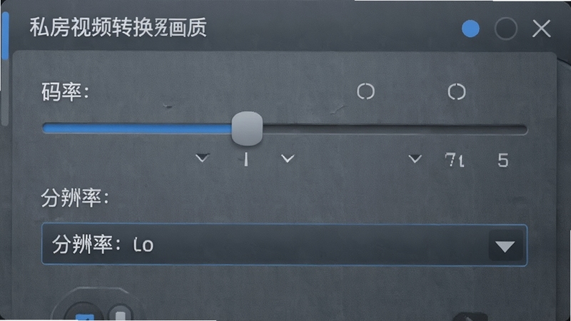 私房视频格式转换画质设置参数面板,显示码率滑块和分辨率下拉菜单,界面背景为灰色质感纹理,参数选项清晰可见,整体色调偏冷色系专业感强