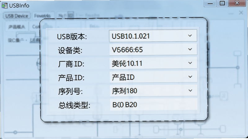 USBInfo软件功能展示图,软件界面中央放大显示一个USB设备的详细信息面板,面板中列出USB版本、设备类、厂商ID、产品ID、序列号、总线类型等参数条目,每个条目左侧为参数名称右侧为数值,字体清晰可读,背景采用淡蓝色渐变效果,图片风格偏向技术文档插图,画面干净整洁,突出USBInfo软件强大的信息解析能力