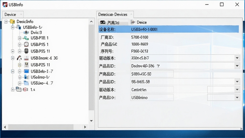 USBInfo软件主界面预览图,展示软件在Windows桌面运行的完整界面,左侧为设备列表树形结构,右侧显示选中设备的详细信息参数面板,包含设备名称、厂商ID、产品ID、序列号、驱动版本等字段,界面风格简洁清晰,背景为白色,整体画面明亮,软件名称USBInfo显示在界面左上角,图片比例为16:9,画面中心聚焦于软件窗口内容
