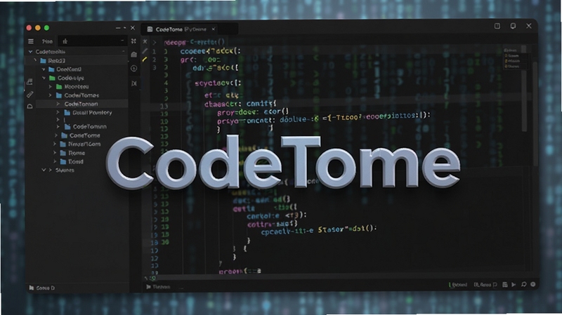 CodeTome主界面预览图,展示代码编辑器深色主题,左侧文件树,右侧代码高亮显示,背景为模糊的代码雨,整体风格科技感十足,画面中心突出应用名称CodeTome,使用3D渲染效果,光线柔和,细节丰富,适配竖屏手机展示