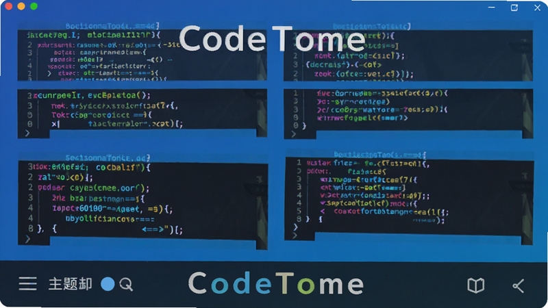 CodeTome代码高亮功能展示图,屏幕中显示多种编程语言的代码片段,每种语言以不同颜色高亮,背景为渐变蓝色,界面底部有主题切换栏,画面清晰标注CodeTome字样,扁平化设计风格,色彩鲜艳,适合科技类配图