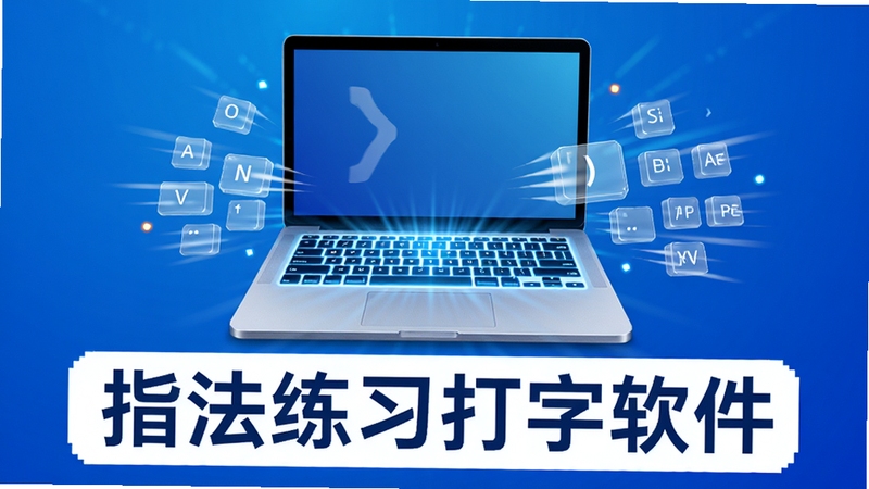 一幅现代简约风格的软件宣传主视觉图,画面中央是一台笔记本电脑,键盘区域发光,周围环绕着虚拟的键盘按键和速度线,背景为渐变的科技蓝,前景有“指法练习打字软件”文字标识,整体风格明亮、专业,突出打字训练的高效与乐趣。