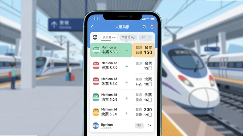 火车票查询购票软件主界面预览图,展示列车列表与余票信息,背景为高铁站台,界面清晰简洁,现代扁平化风格,主体居中,色彩明亮舒适