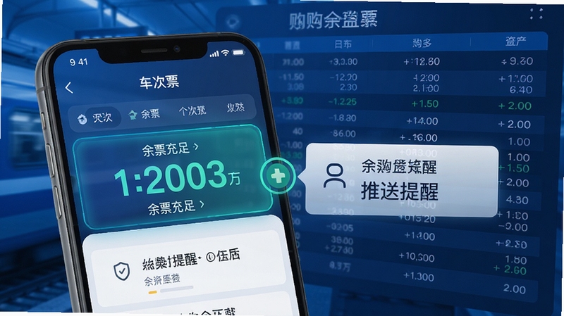 火车票查询购票余票监控功能示意图,手机屏幕显示车次余票数字与推送提醒,背景为列车时刻表,科技蓝主色调,界面高亮显示余票充足,现代感强
