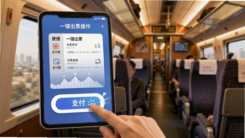 火车票查询购票一键出票操作界面,手指点击支付按钮,背景为高铁车厢内部,暖色调,界面简洁流畅,突出便捷支付与出票成功动画