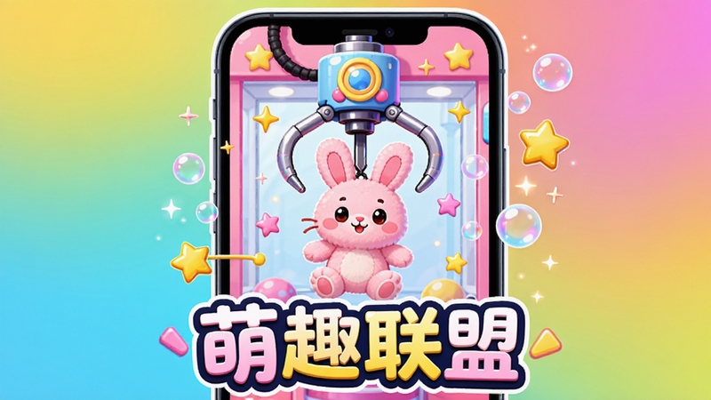 萌趣联盟软件主视觉图,画面中央是一部手机屏幕内显示抓娃娃机场景,机械爪正抓住一只粉色兔子玩偶,周围有星星和泡泡特效,背景为明亮的渐变色,整体风格卡通可爱,色彩鲜艳,突出软件名称萌趣联盟字样