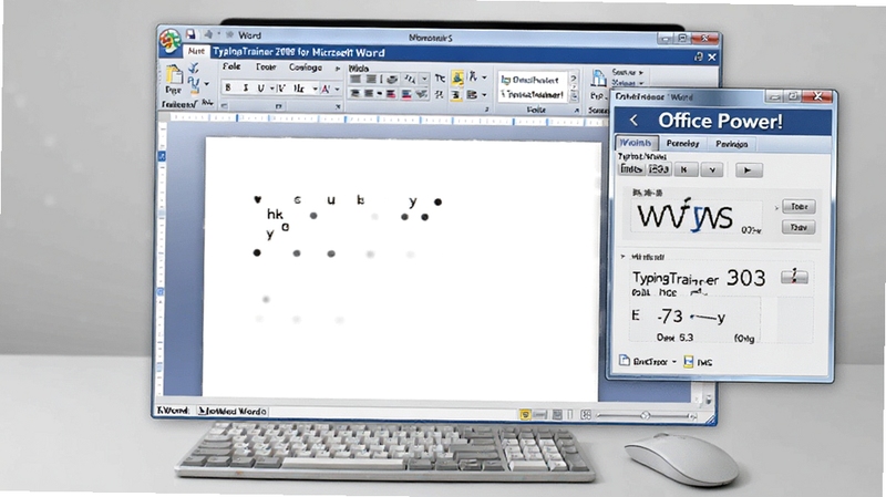 生成一幅展示Office Power! TypingTrainer 2003 for Microsoft Word 主界面的预览图,画面中央是一个打开的Word文档窗口,右侧悬浮着打字训练控制面板,背景为简洁的浅灰色办公室桌面,桌面上有键盘和鼠标,整体风格明亮清晰,突出软件与Word的融合感