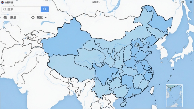 中国电子地图软件主界面预览图,画面中心显示中国地图全貌,背景为淡蓝色行政区域色块,左侧有搜索栏与图层切换按钮,整体风格简洁清晰,适合作为软件功能展示图