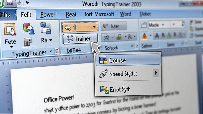 展示Office Power! TypingTrainer 2003 for Microsoft Word 的工具栏特写,画面聚焦于Word菜单栏上新增的Trainer按钮,点击后弹出下拉菜单,包含课程选择、速度统计、错误分析等选项,背景为模糊的文档文字,突出软件与Word的融合感