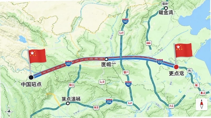 中国电子地图路线规划功能预览图,画面展示两城市间的高速公路连接线,地图上标有起点与终点旗帜,途经主要城市节点,道路线条清晰,背景为浅绿色地形图