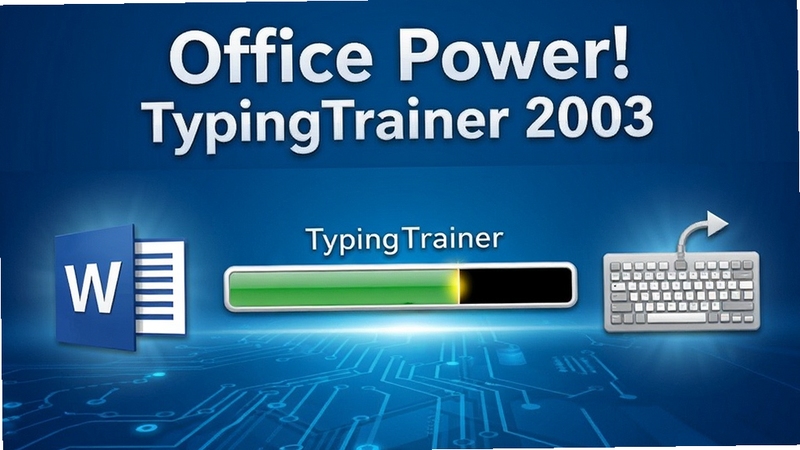 展示Office Power! TypingTrainer 2003 for Microsoft Word 的安装过程示意图,画面中一个进度条正在加载,旁边有Word图标和键盘图标,背景为蓝色科技感渐变,突出软件安装的顺利与安全