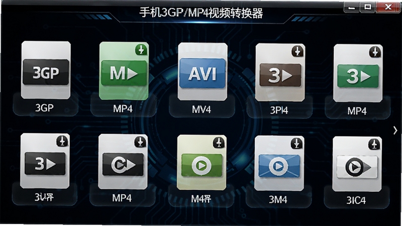 手机3GP/MP4视频转换器格式选择界面,显示多种视频格式图标,包括3GP、MP4、AVI等,每个图标下方有对应名称,背景为深色科技感设计,格式图标排列整齐,突出多格式支持的特点