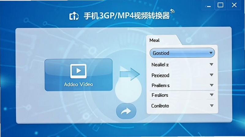 手机3GP/MP4视频转换器主界面预览图,展示简洁的操作面板,背景为渐变的科技蓝,界面中央有视频文件添加按钮和格式选择菜单,整体风格明亮清晰,突出转换功能的核心操作流程