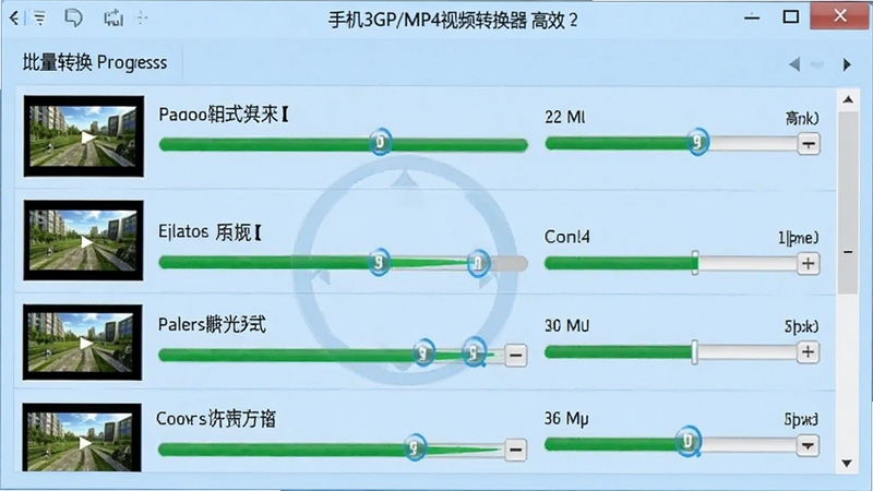 手机3GP/MP4视频转换器批量转换界面预览图,显示多个视频文件列表,每个文件旁有转换进度条,背景为淡蓝色,界面清晰,突出批量处理的高效性