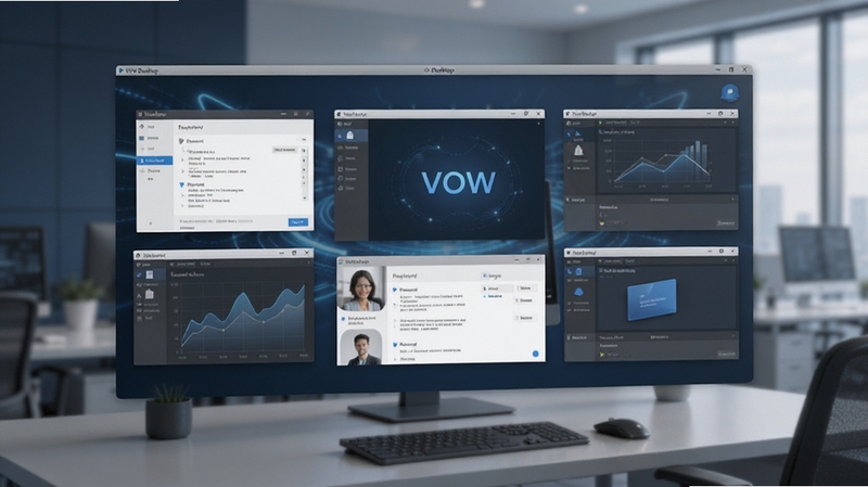 VOW Desktop软件主界面预览图,展示整洁的虚拟桌面布局,多窗口整齐排列,背景为现代简约的办公环境,色调以深蓝和灰色为主,光线柔和,细节清晰,整体风格专业且富有科技感,16:9高清构图