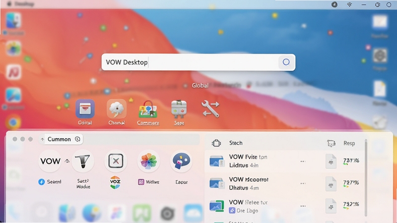VOW Desktop全局搜索启动器功能界面图,屏幕中央显示一个简约的搜索输入框,下方排列着常用应用图标和文件结果列表,背景为模糊化的桌面壁纸,整体风格简洁明亮,突出快速搜索和启动的便捷性,16:9高清构图