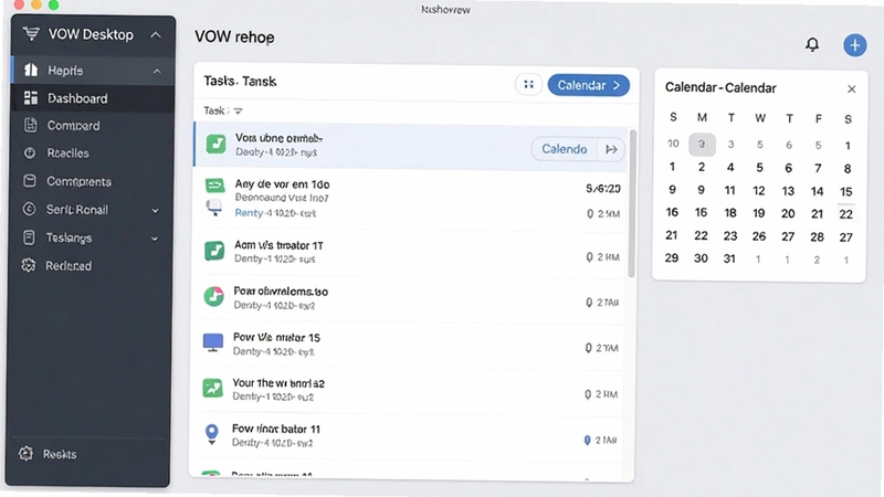 VOW Desktop 主界面预览图,展示其简洁的仪表盘布局,左侧为导航栏,中间为任务列表,右侧为日历小部件,背景为浅灰色,整体风格现代且专业
