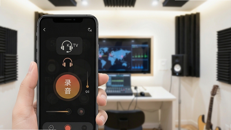 5singKTV录歌录音操作界面示意图,展示手机端录音按钮、耳机监听图标和降噪设置选项,背景为明亮简洁的录音室环境,突出移动端操作便捷性