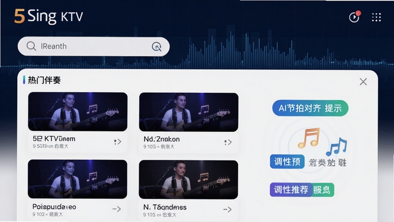 5singKTV录歌智能伴奏匹配功能预览图,界面显示搜索框、热门伴奏列表和调性推荐标签,背景为深蓝色音乐频谱,画面简洁明了,突出AI节拍对齐提示
