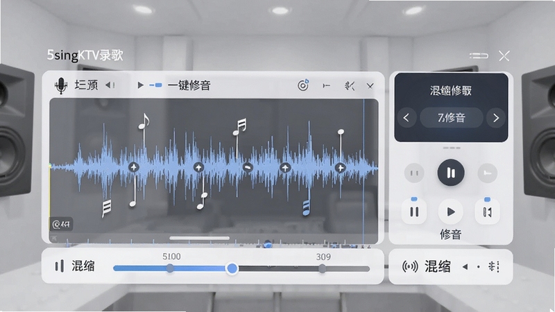 5singKTV录歌一键修音界面预览图,展示波形上的音符标记、修音控制面板和混缩进度条,背景为浅灰色工作室风格,强调智能修音功能