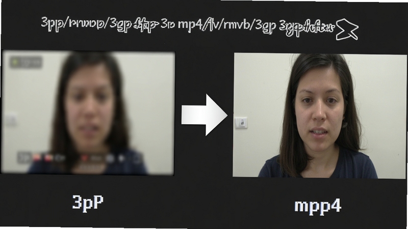 3gp转换mp4/flv/rmvb/3gp格式转换器软件使用前后画质对比图,左侧为模糊的3gp原视频截图,右侧为转换后清晰的mp4视频截图,中间用箭头连接,背景为深灰色,图像对比明显,突出画质提升效果。