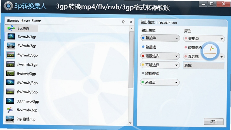 3gp转换mp4/flv/rmvb/3gp格式转换器软件主界面预览图,左侧为源文件列表,右侧为输出格式选择区域,背景为简洁的浅蓝色渐变,整体风格现代清爽,软件名称清晰显示在界面顶部。