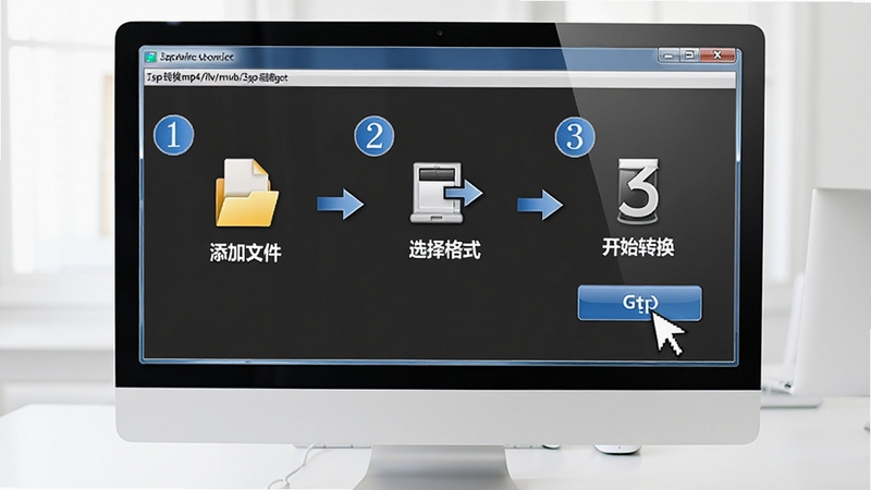 3gp转换mp4/flv/rmvb/3gp格式转换器软件操作步骤示意图,展示一个电脑屏幕,屏幕中显示软件界面,界面上有清晰的数字步骤标识(1、2、3),分别对应添加文件、选择格式、开始转换,背景为干净的白色办公桌,鼠标指针悬停在转换按钮上,画面风格写实明亮。